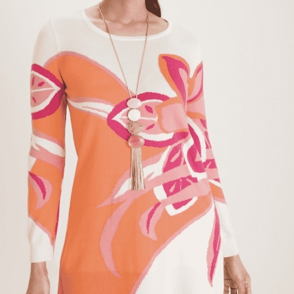 Chico's Vibrant Floral Orange and Pink Long Sleeve Lightweight Sweater